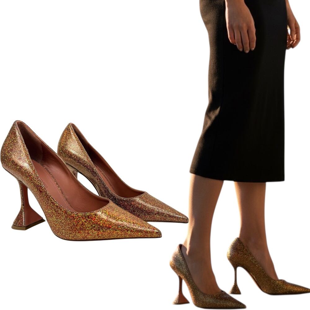 New Amina Muaddi Ami Sunkissed Glitter Pointed Toe Pumps Size 36.5